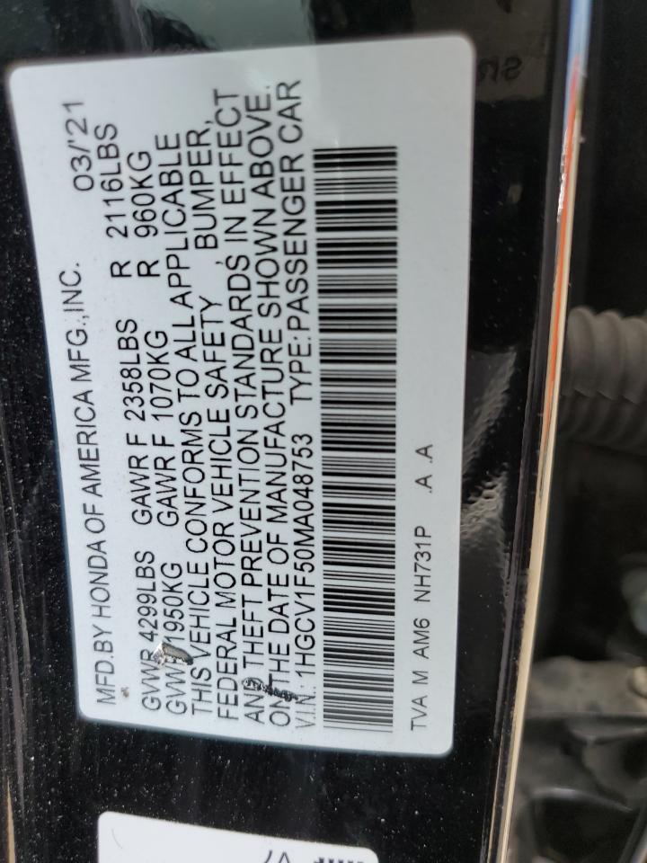 2021 Honda Accord Exl VIN: 1HGCV1F50MA048753 Lot: 65707205
