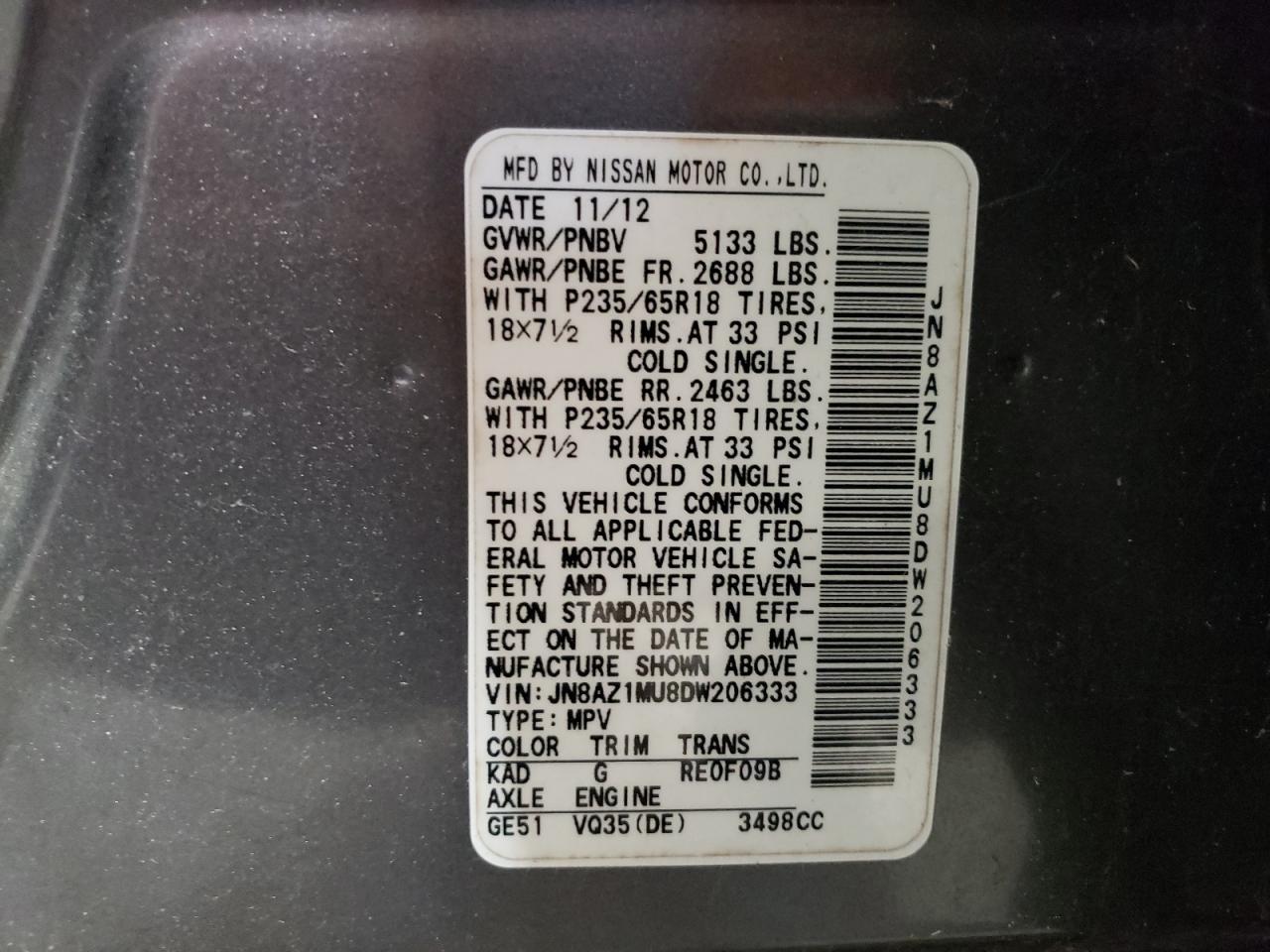 2013 Nissan Murano S VIN: JN8AZ1MU8DW206333 Lot: 64206565