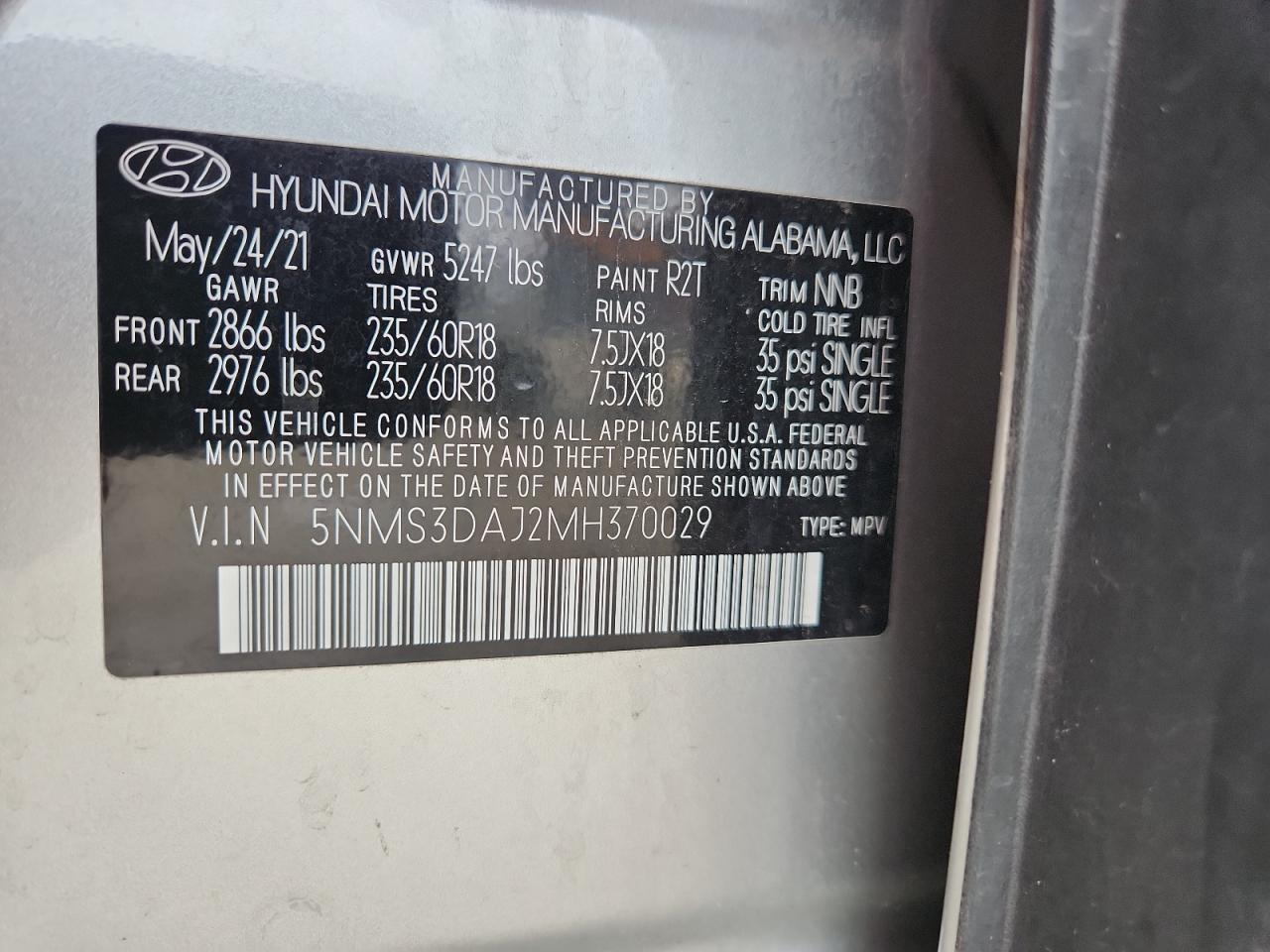 2021 Hyundai Santa Fe Sel VIN: 5NMS3DAJ2MH370029 Lot: 64386645