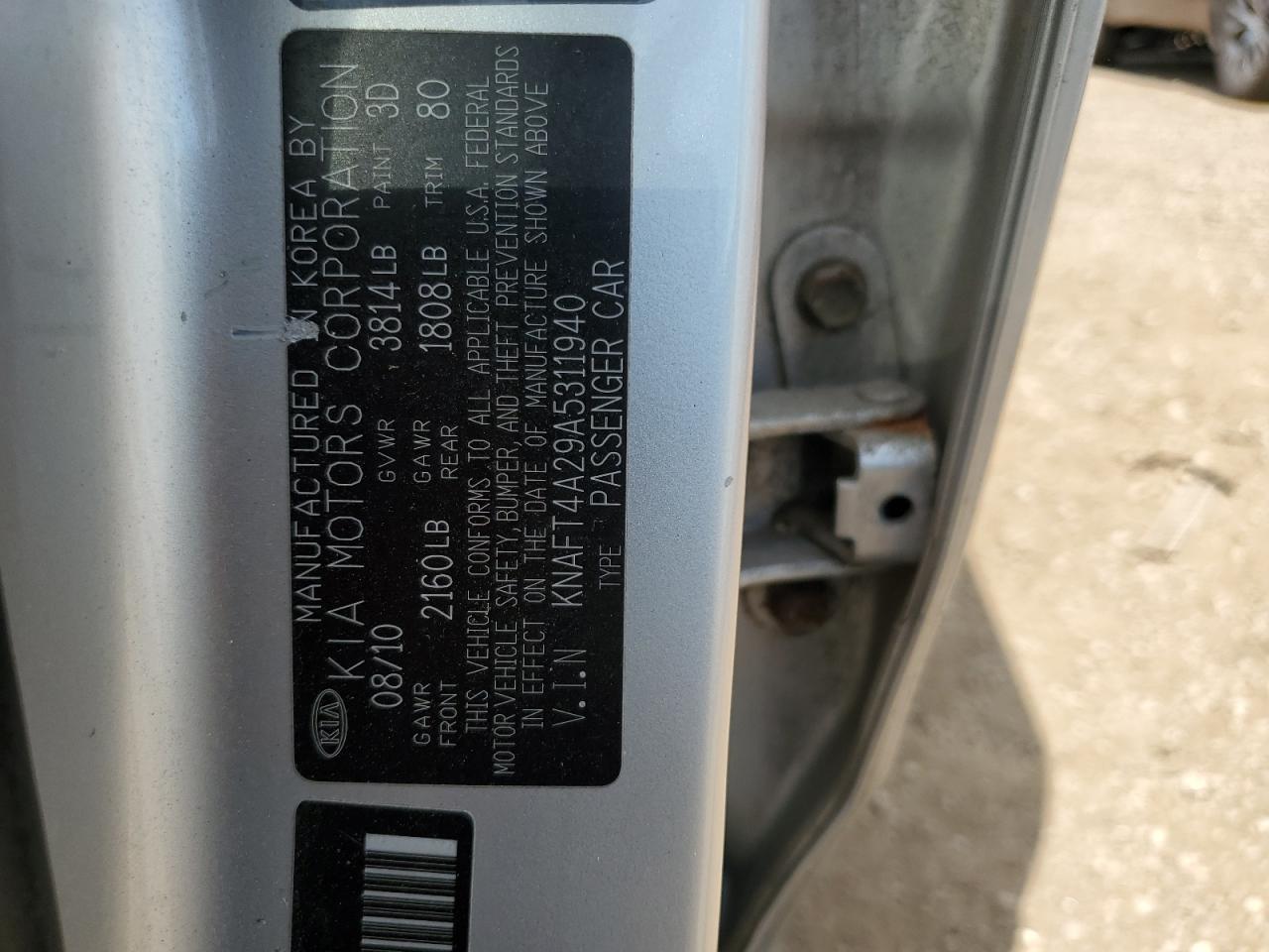 2010 Kia Forte Lx VIN: KNAFT4A29A5311940 Lot: 62917215