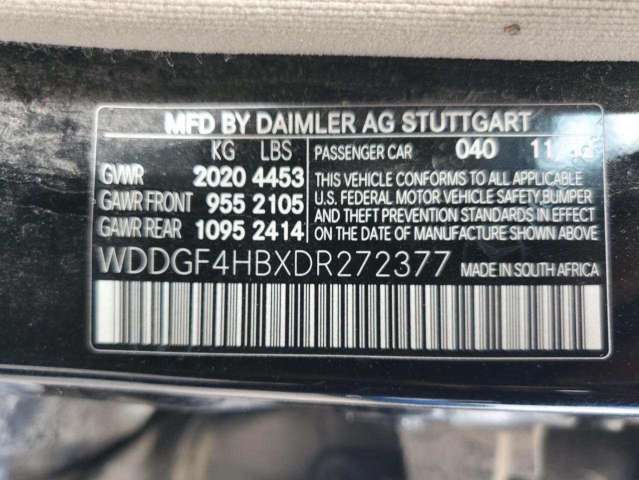 2013 Mercedes-Benz C 250 VIN: WDDGF4HBXDR272377 Lot: 62381345
