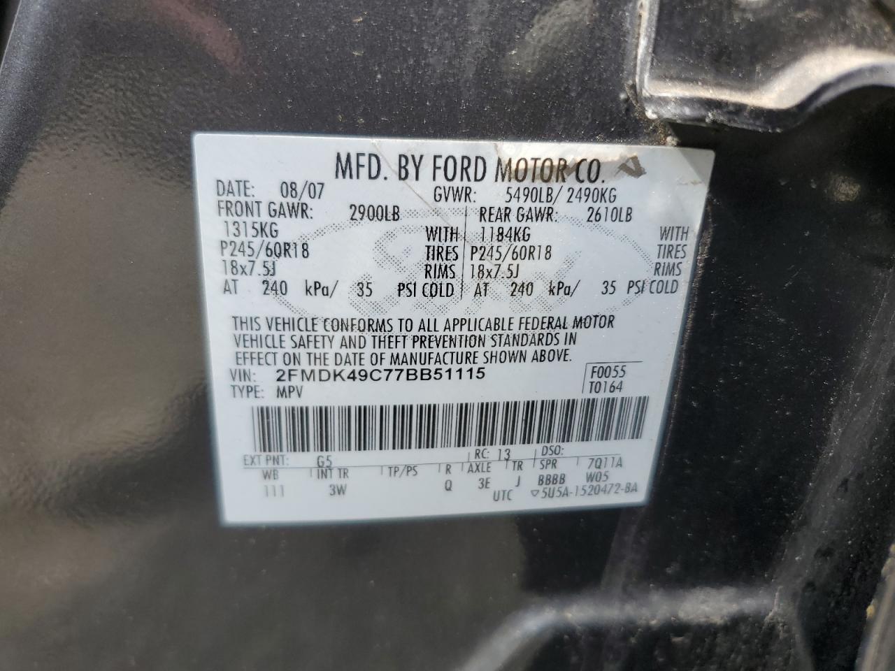 2007 Ford Edge Sel Plus VIN: 2FMDK49C77BB51115 Lot: 63664885
