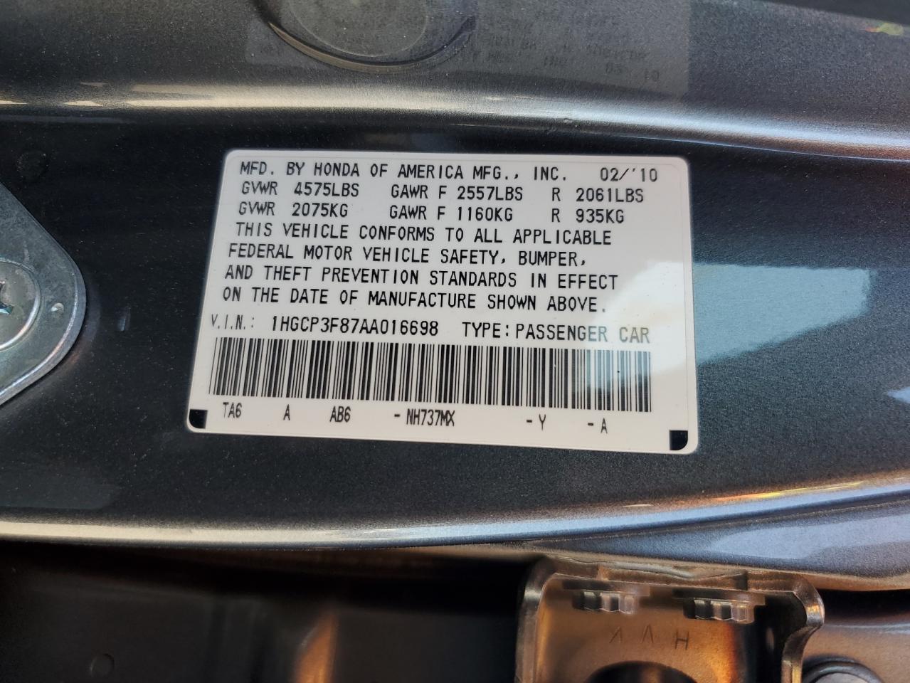 2010 Honda Accord Exl VIN: 1HGCP3F87AA016698 Lot: 65433185
