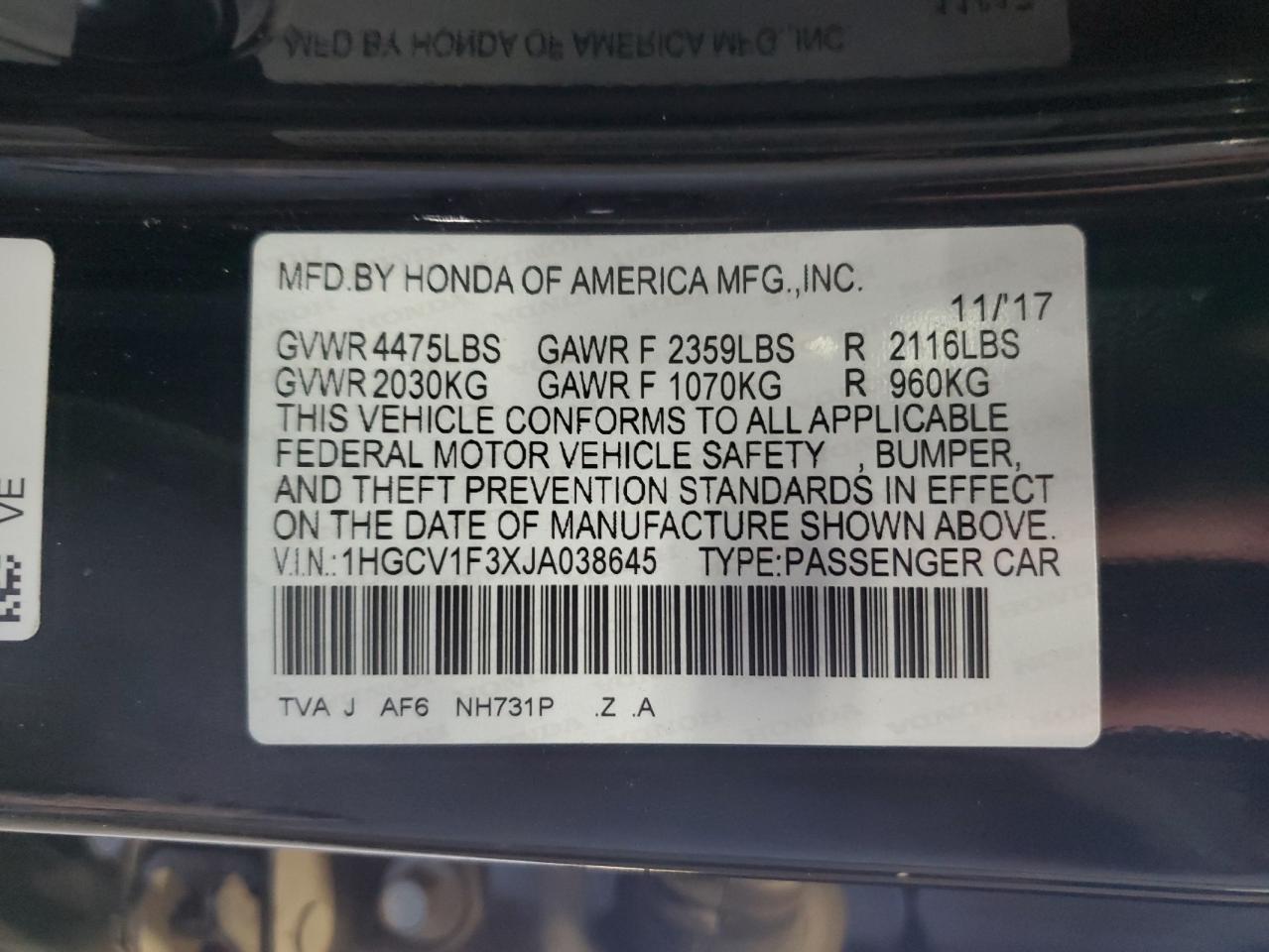 2018 Honda Accord Sport VIN: 1HGCV1F3XJA038645 Lot: 64539985