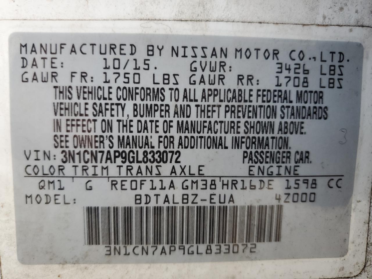 2016 Nissan Versa S VIN: 3N1CN7AP9GL833072 Lot: 65807925