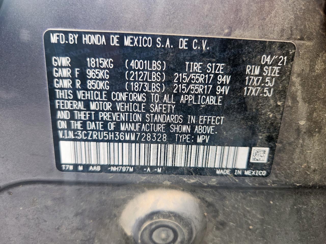 2021 Honda Hr-V Lx VIN: 3CZRU5H36MM728328 Lot: 64497245