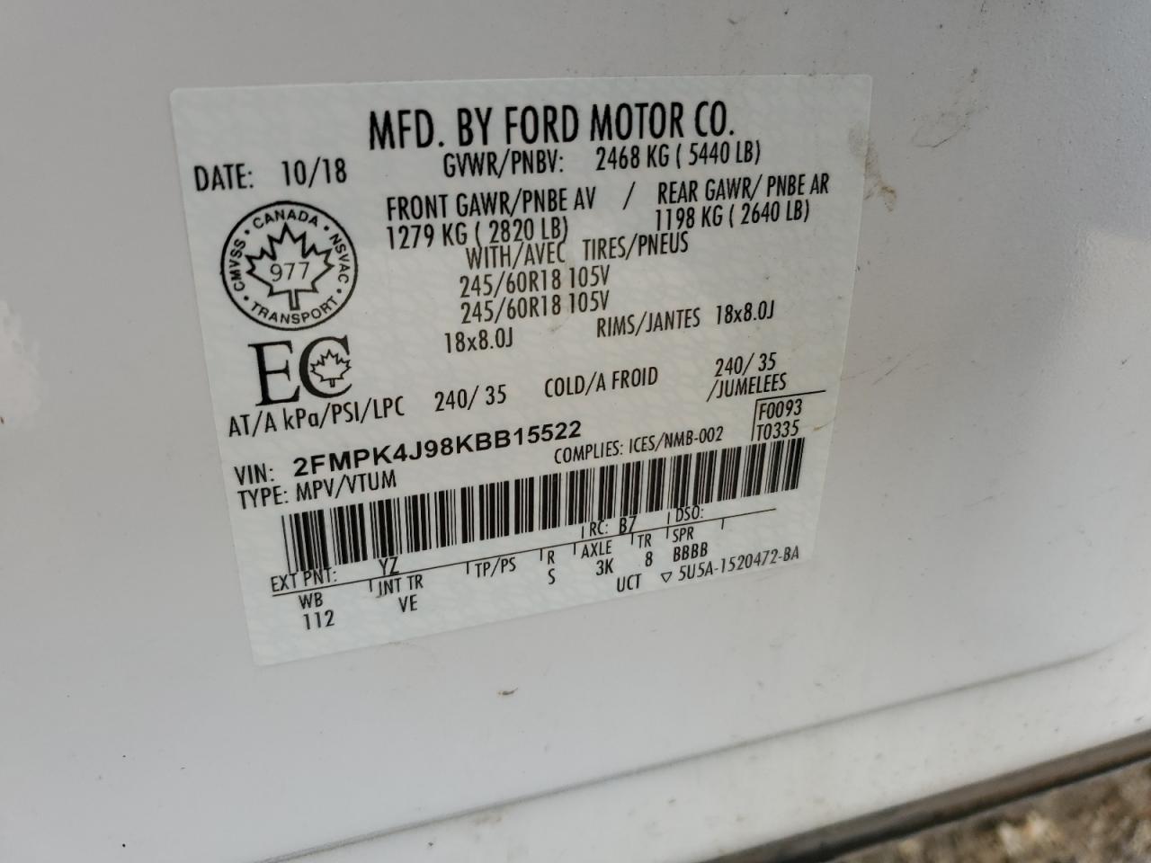 2019 Ford Edge Sel VIN: 2FMPK4J98KBB15522 Lot: 66595815