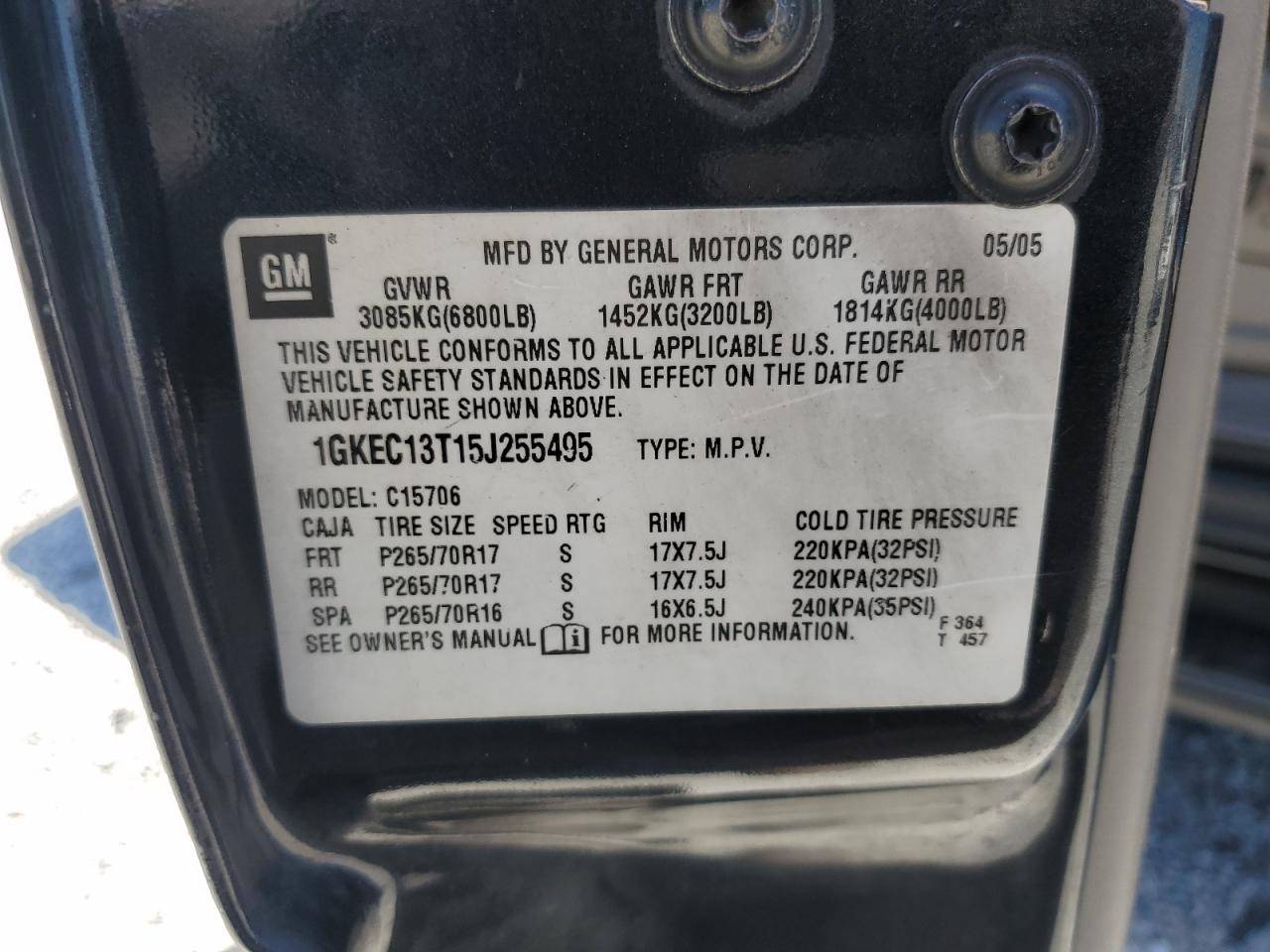 2005 GMC Yukon VIN: 1GKEC13T15J255495 Lot: 64555605