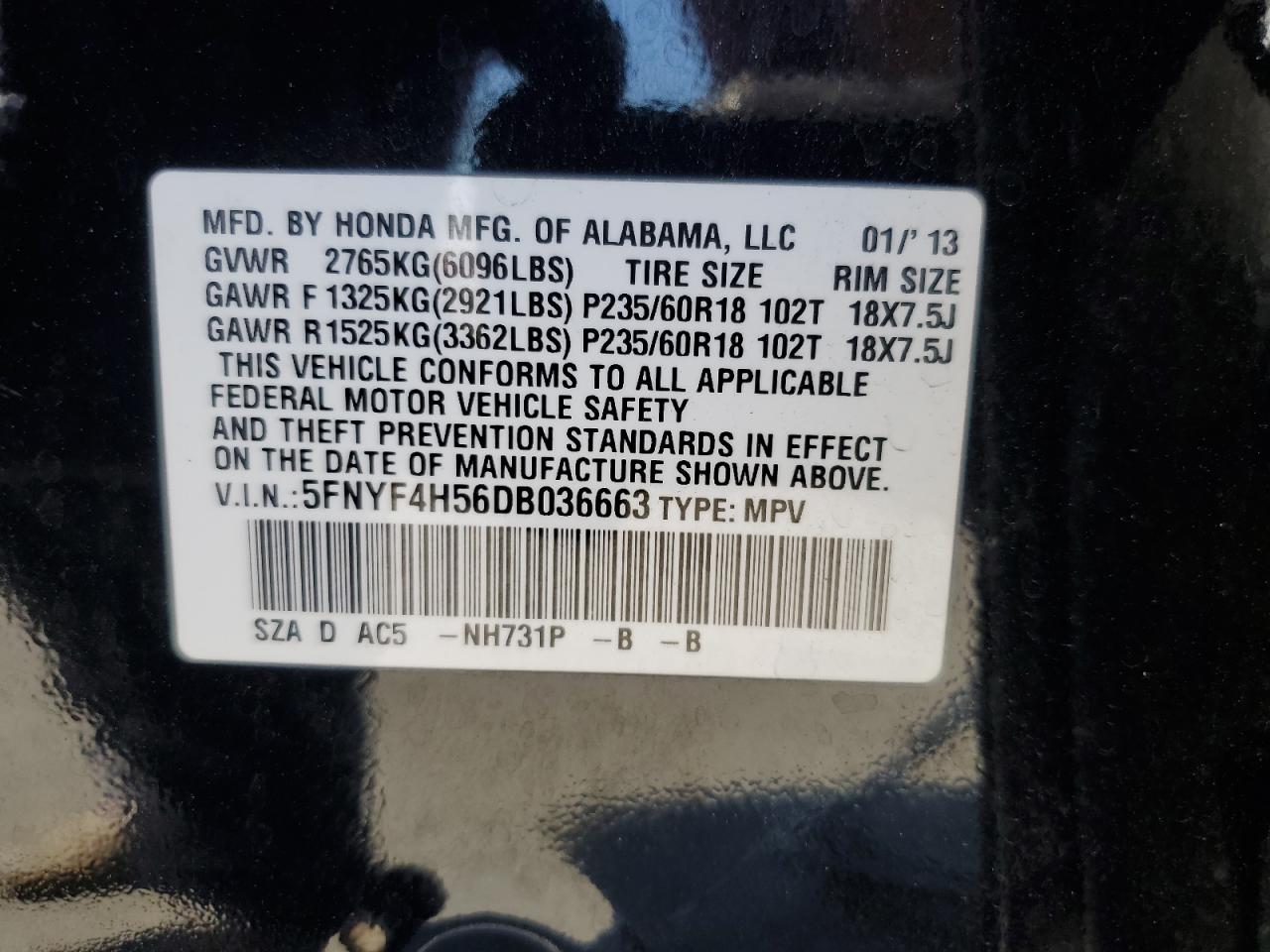 2013 Honda Pilot Exl VIN: 5FNYF4H56DB036663 Lot: 64202205