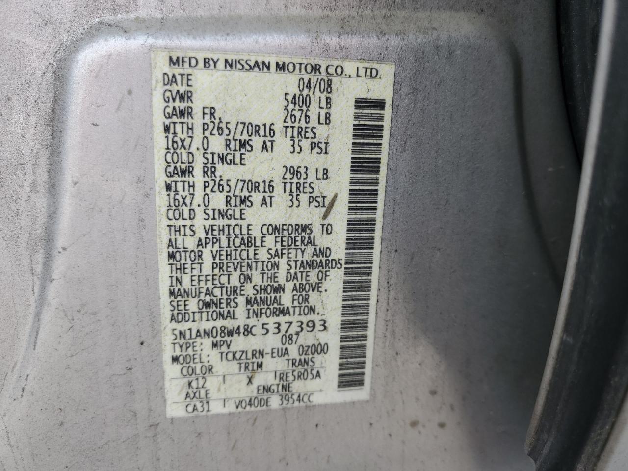 2008 Nissan Xterra Off Road VIN: 5N1AN08W48C537393 Lot: 64032105