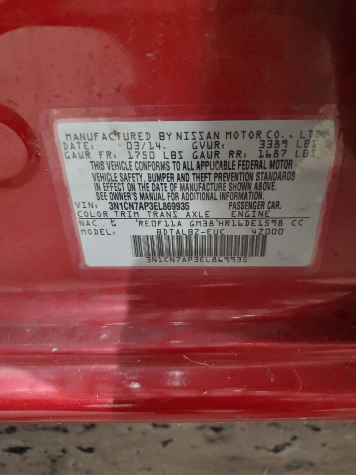 2014 Nissan Versa S VIN: 3N1CN7AP3EL869935 Lot: 64827475