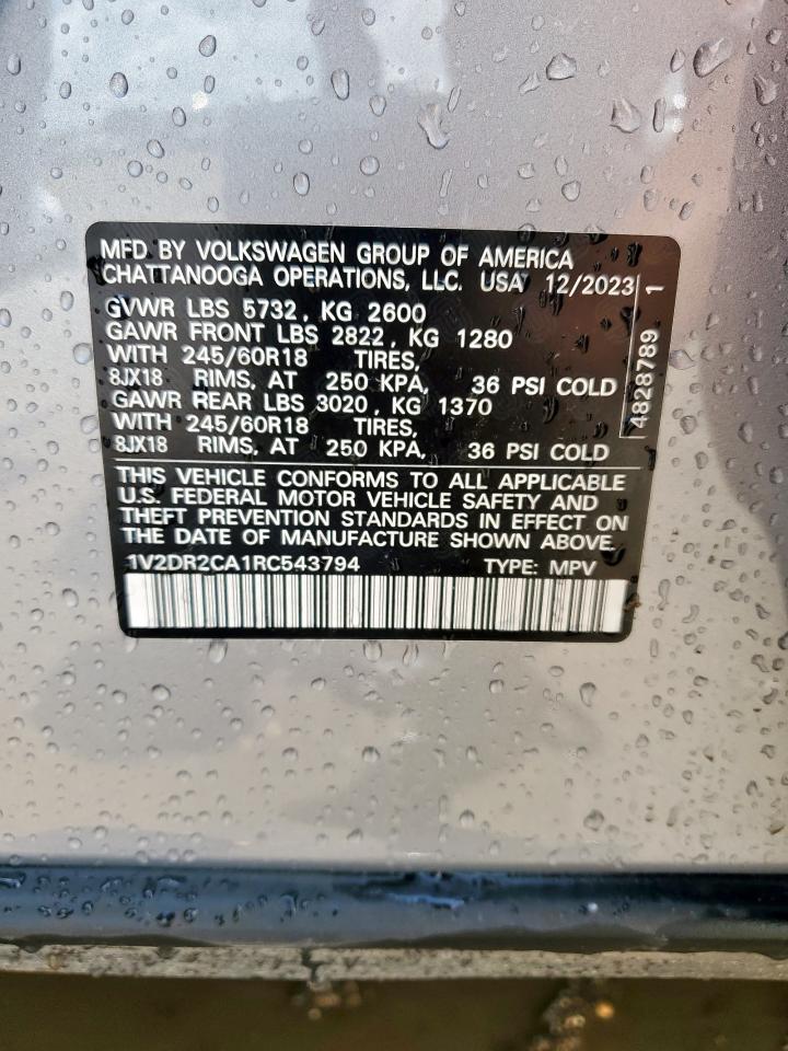 2024 Volkswagen Atlas Se VIN: 1V2DR2CA1RC543794 Lot: 64036535