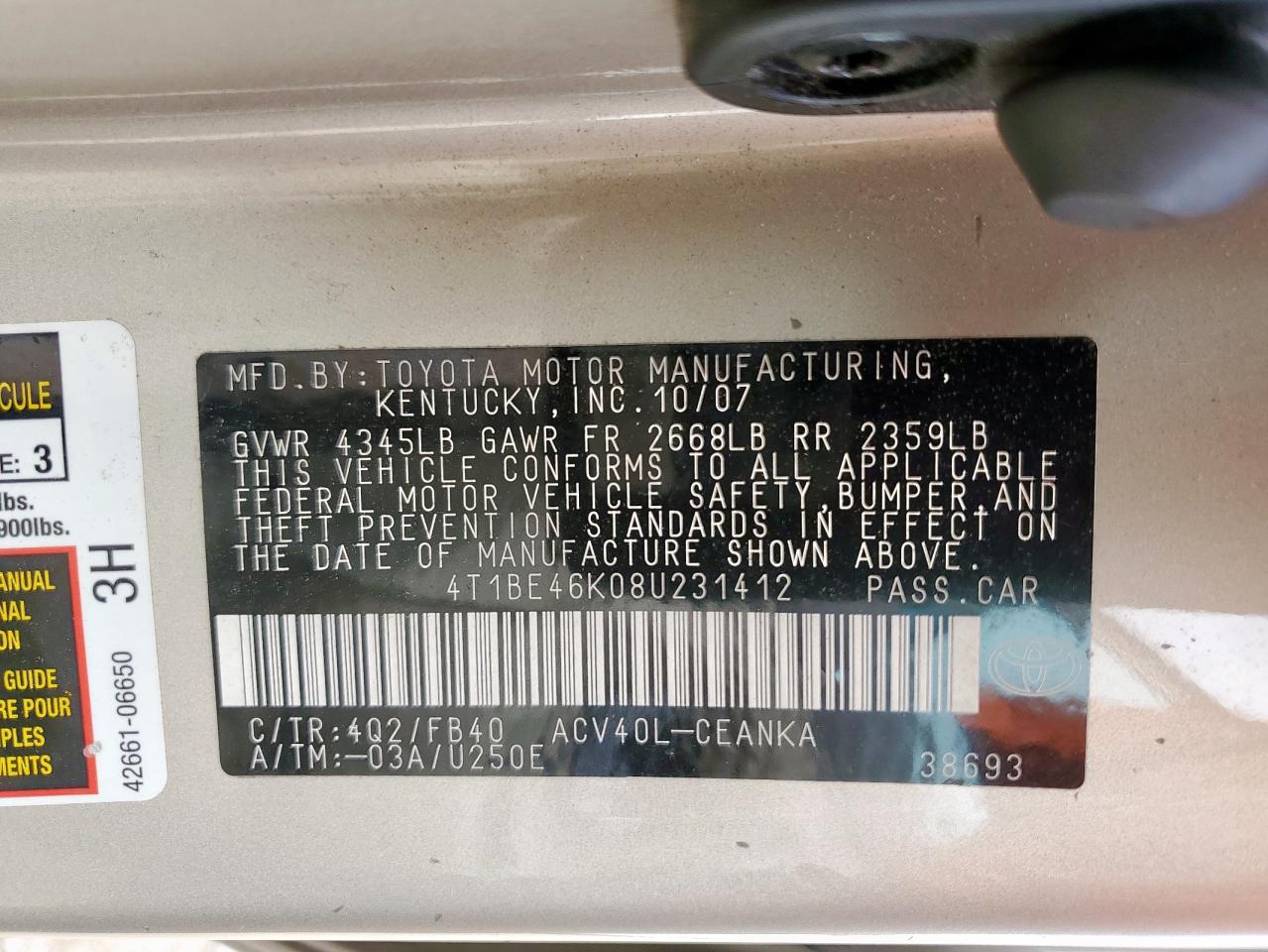 2008 Toyota Camry Ce VIN: 4T1BE46K08U231412 Lot: 65386105