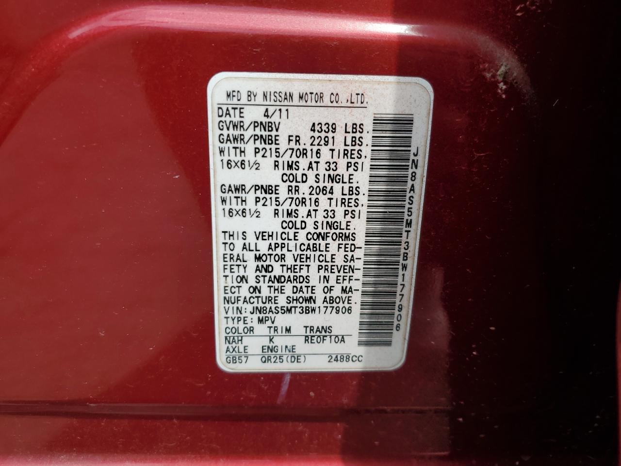 2011 Nissan Rogue S VIN: JN8AS5MT3BW177906 Lot: 65061005