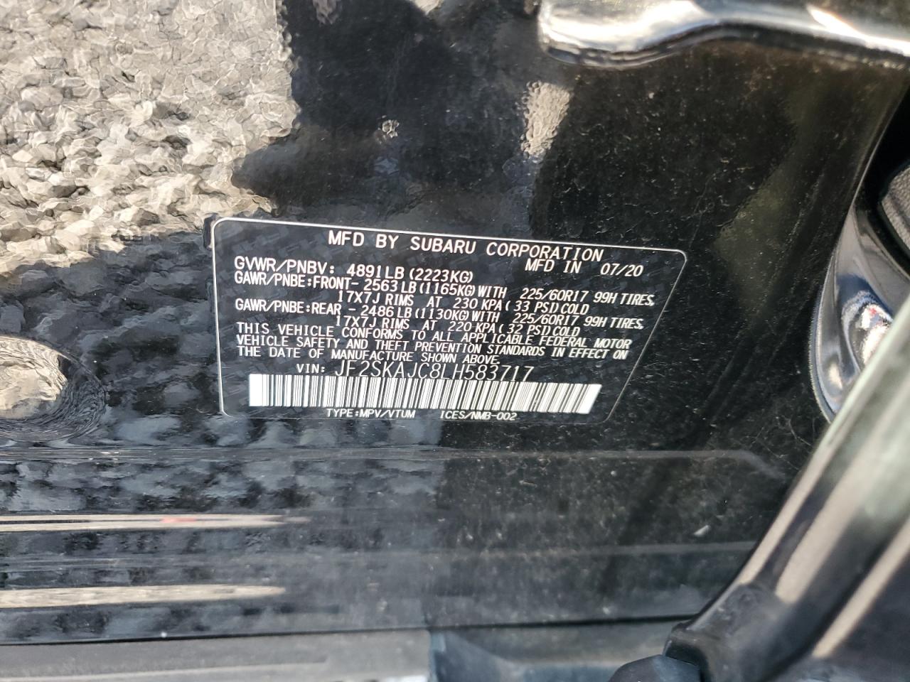 2020 Subaru Forester Premium VIN: JF2SKAJC8LH583717 Lot: 62848655