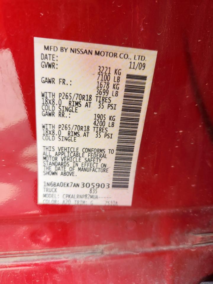 2010 Nissan Titan Xe VIN: 1N6BA0EK7AN305903 Lot: 64874325