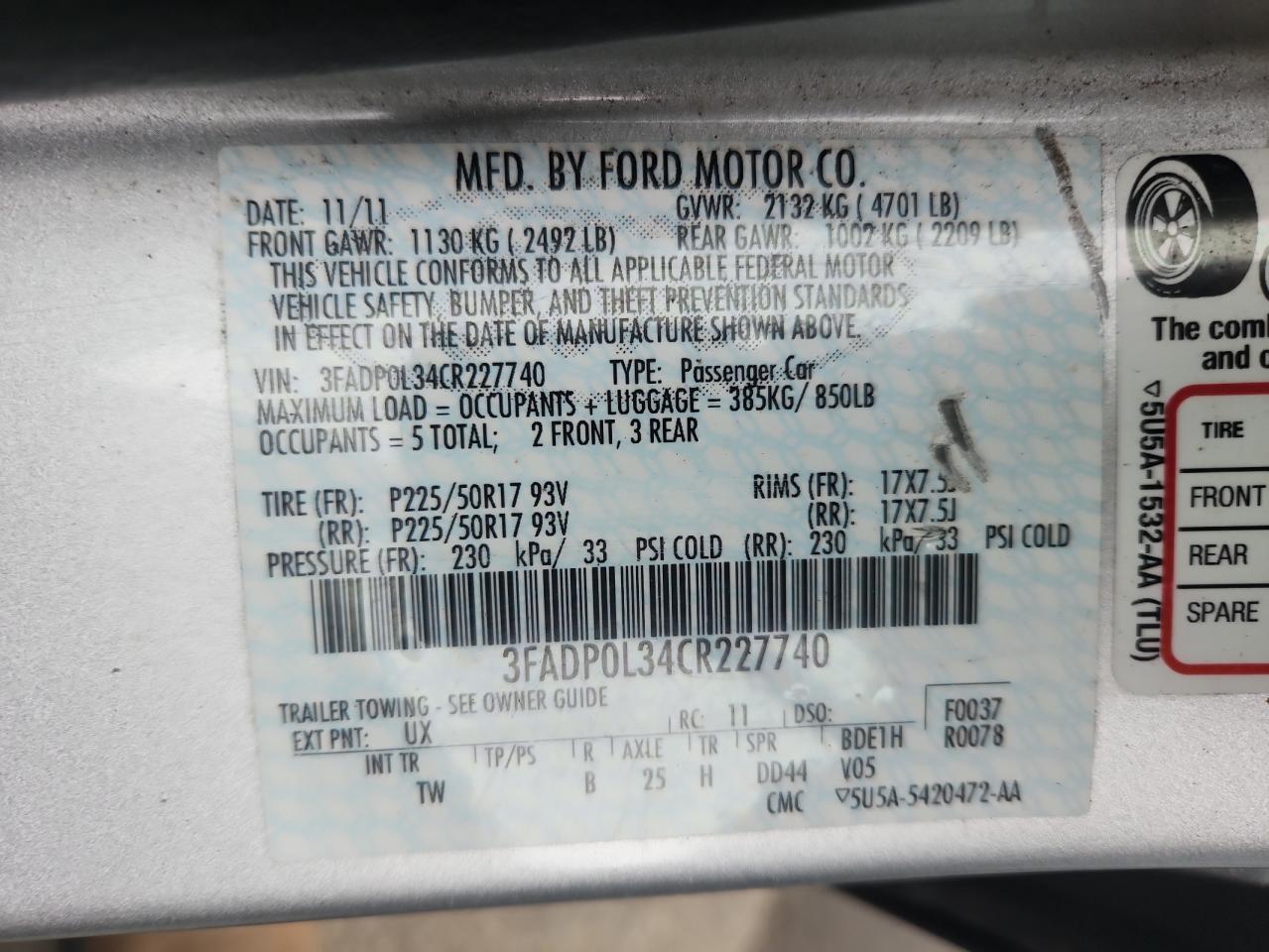 2012 Ford Fusion Hybrid VIN: 3FADP0L34CR227740 Lot: 64989475