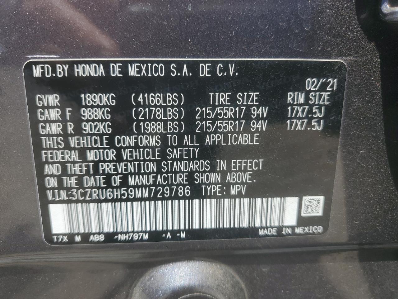 2021 Honda Hr-V Ex VIN: 3CZRU6H59MM729786 Lot: 62896705