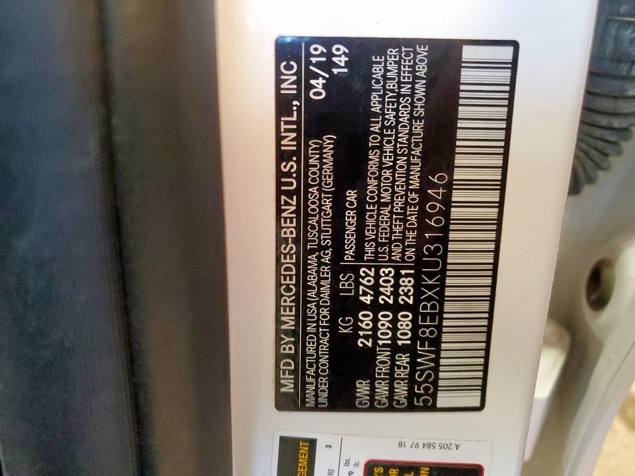 Auction sale of the 2019 MERCEDES BENZ C CLASS , vin: 55SWF8EBXKU316946, lot number: 63295375