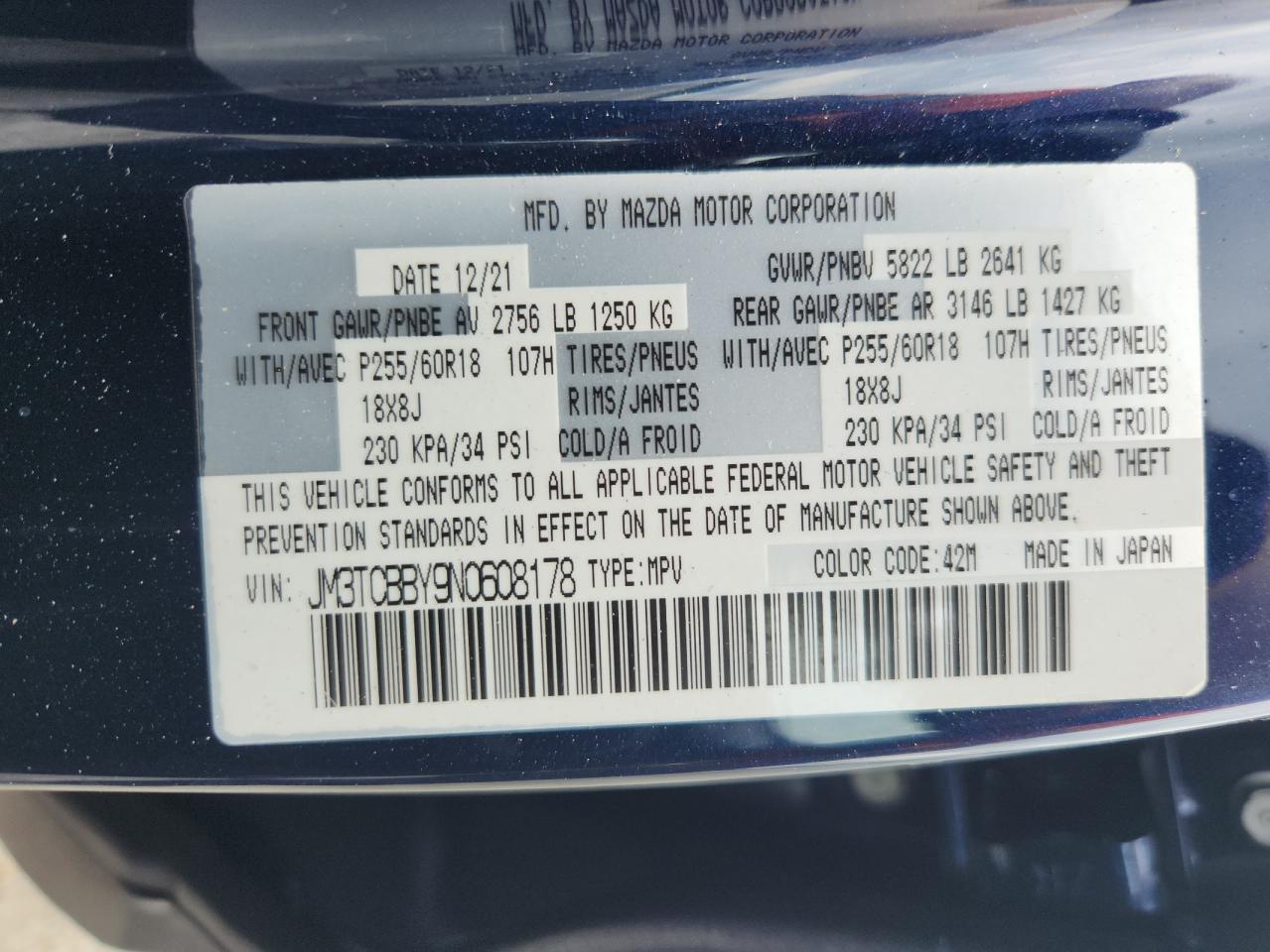 2022 Mazda Cx-9 Sport VIN: JM3TCBBY9N0608178 Lot: 63288935
