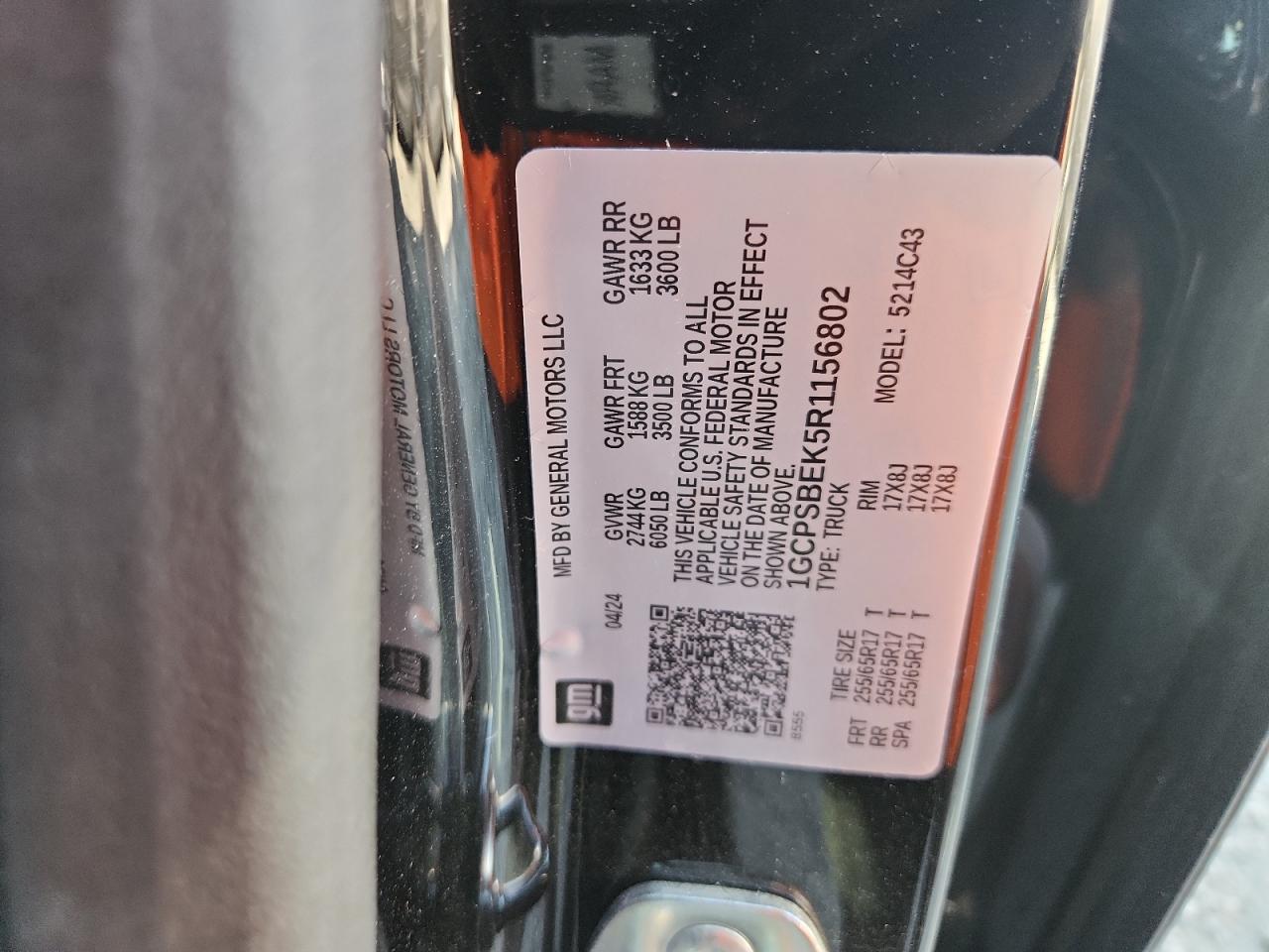 2024 Chevrolet Colorado VIN: 1GCPSBEK5R1156802 Lot: 63852465