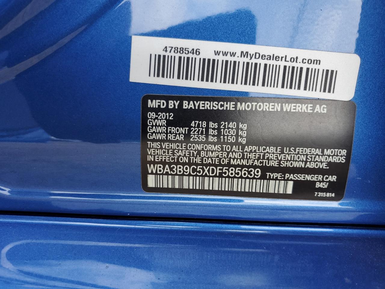 2013 BMW 335 Xi VIN: WBA3B9C5XDF585639 Lot: 64453325