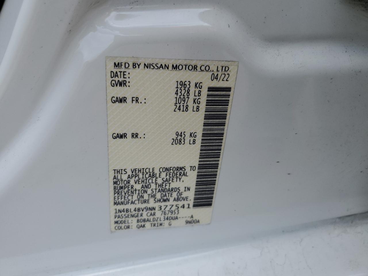 2022 Nissan Altima S VIN: 1N4BL4BV9NN377541 Lot: 64315665