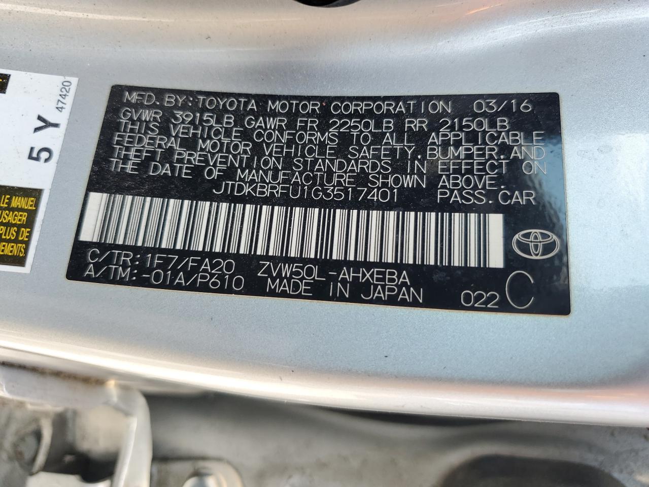 2016 Toyota Prius VIN: JTDKBRFU1G3517401 Lot: 64239815