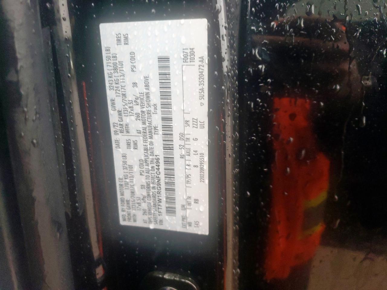 2022 Ford F150 Raptor VIN: 1FTFW1RG9NFC44961 Lot: 64739885