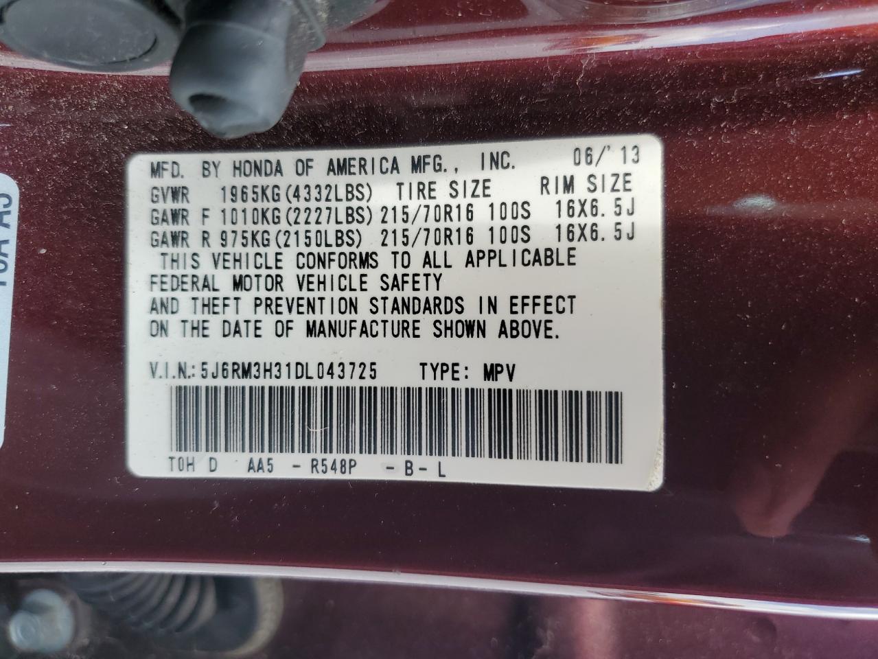 2013 Honda Cr-V Lx VIN: 5J6RM3H31DL043725 Lot: 64736935
