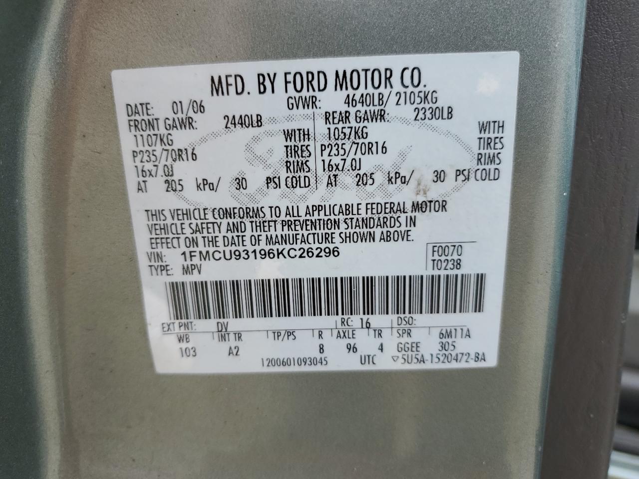 2006 Ford Escape Xlt VIN: 1FMCU93196KC26296 Lot: 65340235