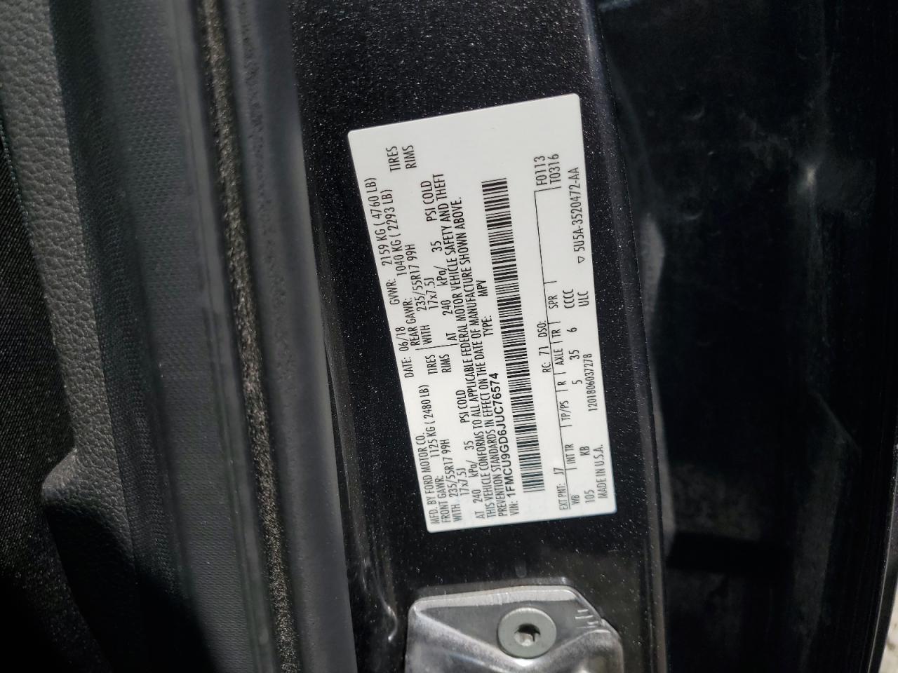 2018 Ford Escape Se VIN: 1FMCU9GD6JUC76574 Lot: 62600865