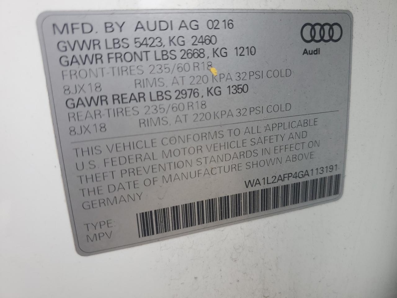 2016 Audi Q5 Premium Plus VIN: WA1L2AFP4GA113191 Lot: 64394145