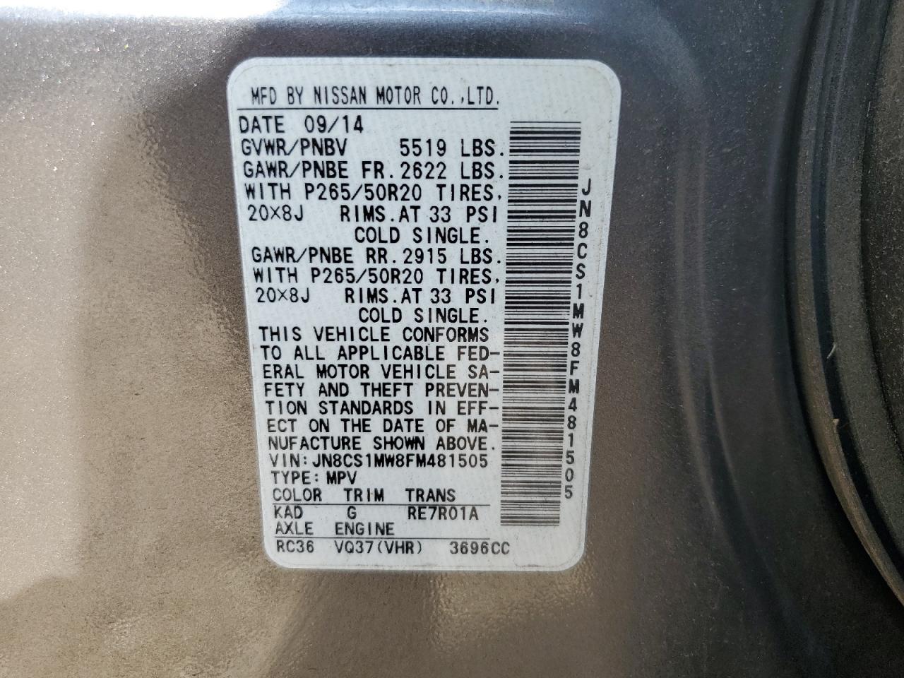 2015 Infiniti Qx70 VIN: JN8CS1MW8FM481505 Lot: 64852225