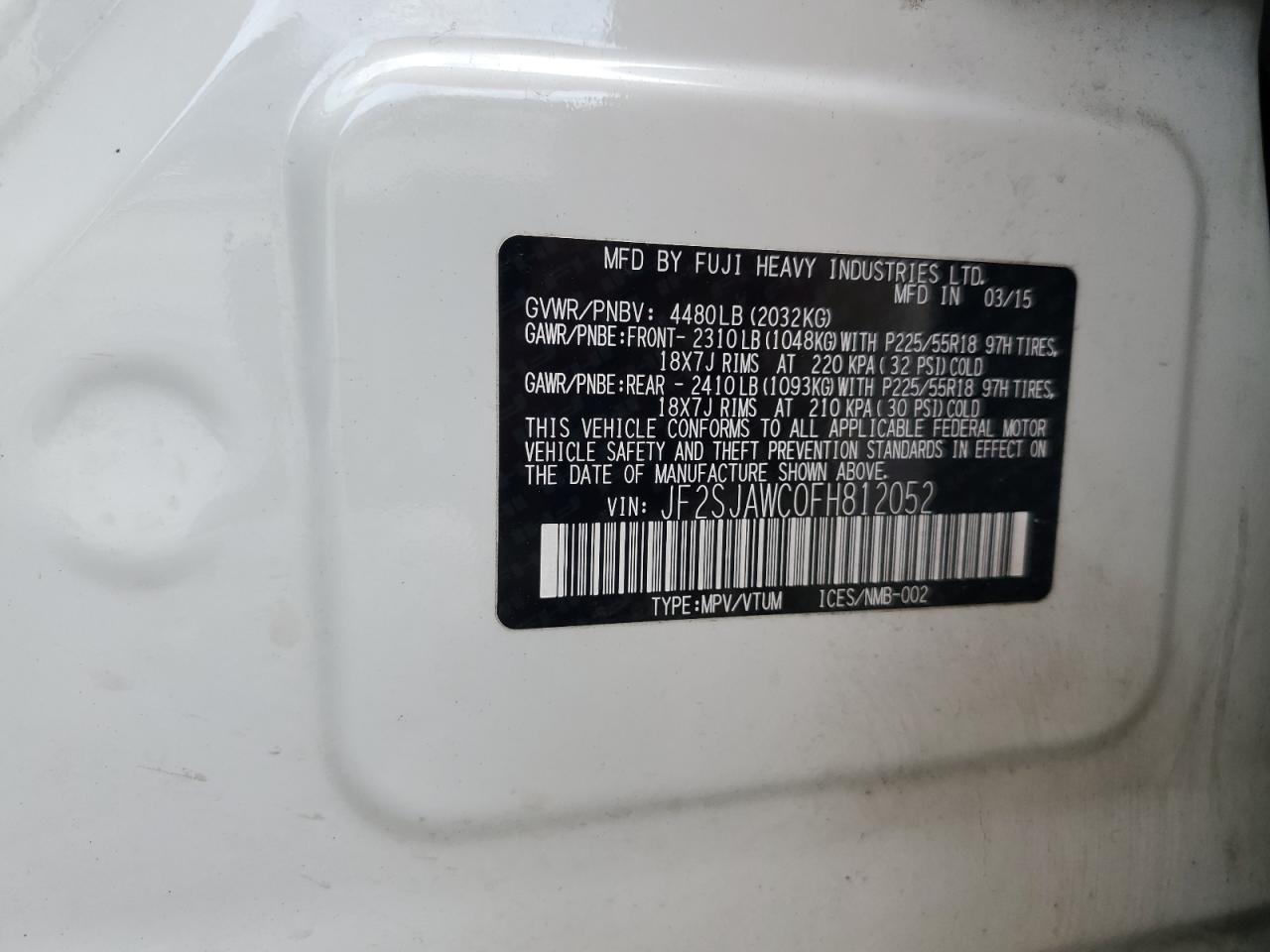 2015 Subaru Forester 2.5I Touring VIN: JF2SJAWC0FH812052 Lot: 62877025