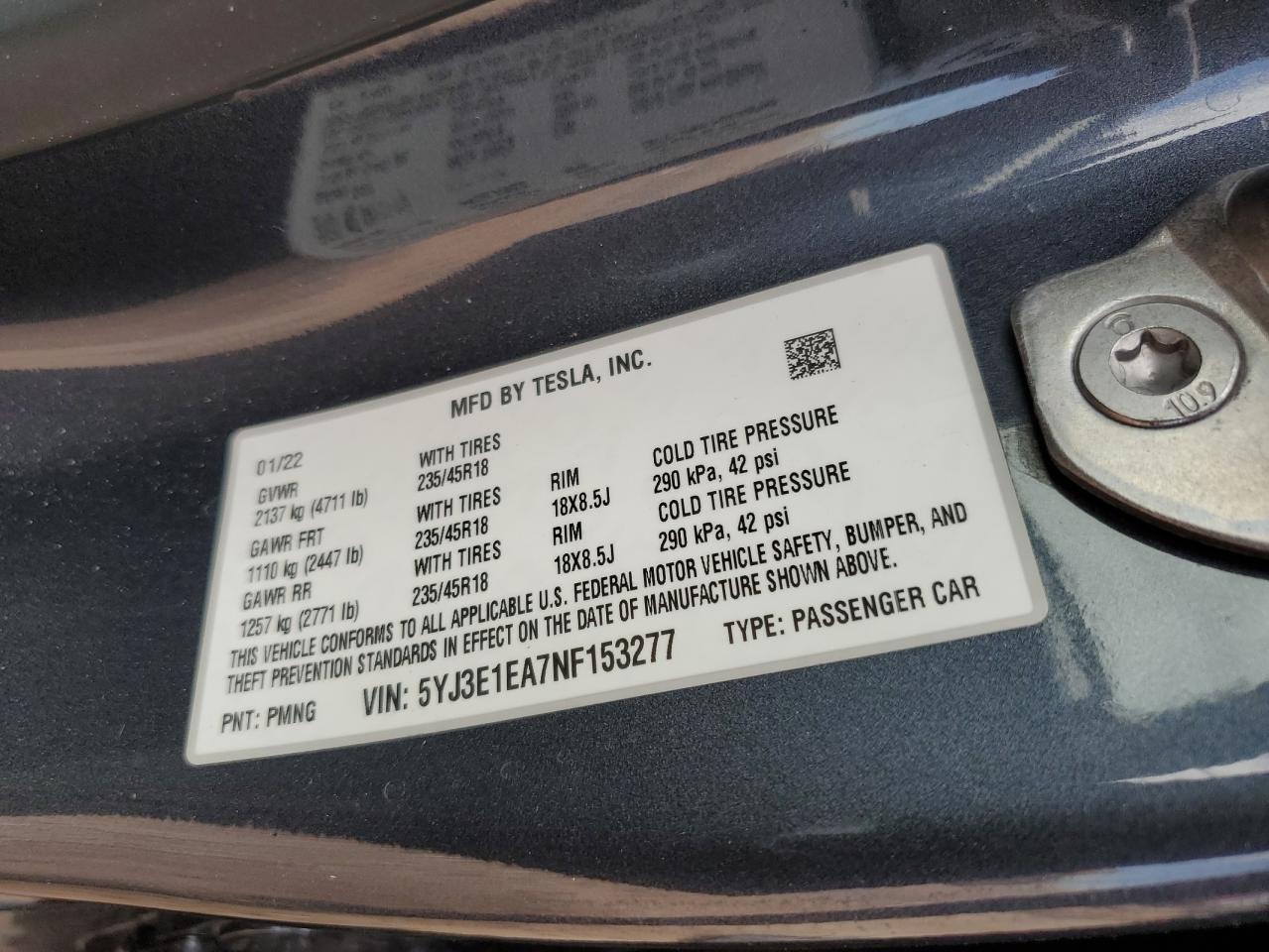 2022 Tesla Model 3 VIN: 5YJ3E1EA7NF153277 Lot: 64440345