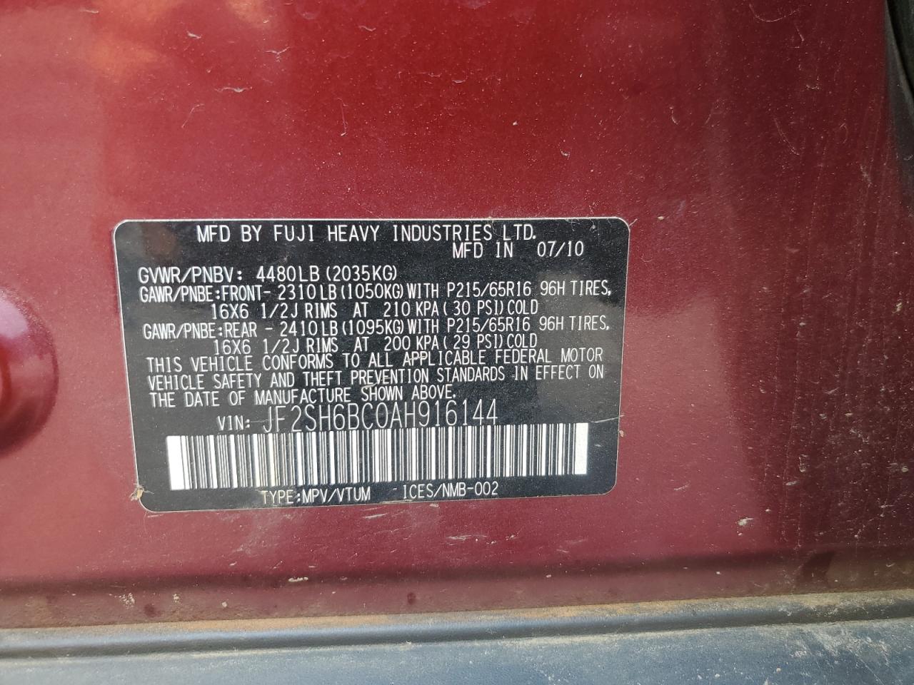 2010 Subaru Forester Xs VIN: JF2SH6BC0AH916144 Lot: 62993365