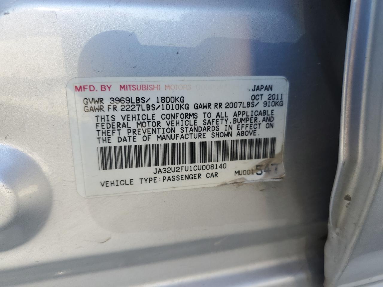 ja32u2fu1cu008140 JA32U2FU1CU008140 2012 Mitsubishi Lancer Es/Es Sport