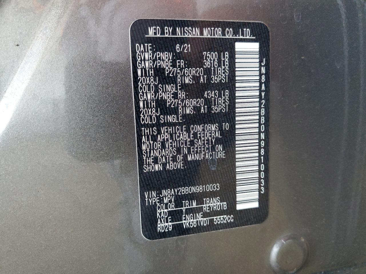 2022 Nissan Armada Sl VIN: JN8AY2BB0N9810033 Lot: 62679245