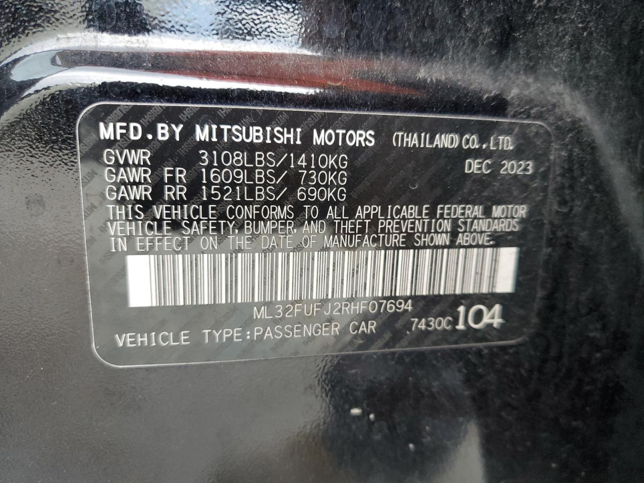 2024 Mitsubishi Mirage G4 Es VIN: ML32FUFJ2RHF07694 Lot: 63106265