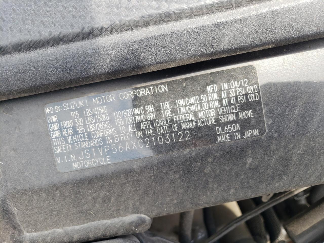 2012 Suzuki Dl650 A VIN: JS1VP56AXC2103122 Lot: 64378995