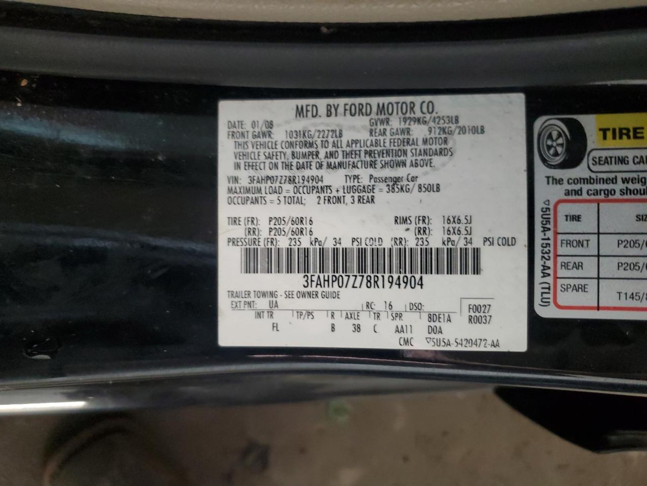 2008 Ford Fusion Se VIN: 3FAHP07Z78R194904 Lot: 64773485