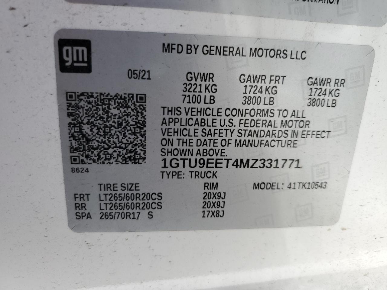 2021 GMC Sierra K1500 At4 VIN: 1GTU9EET4MZ331771 Lot: 64994405