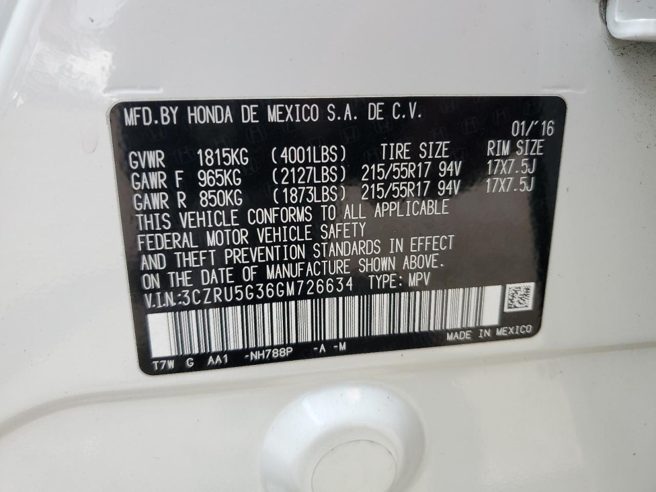 2016 Honda Hr-V Lx VIN: 3CZRU5G36GM726634 Lot: 65465875
