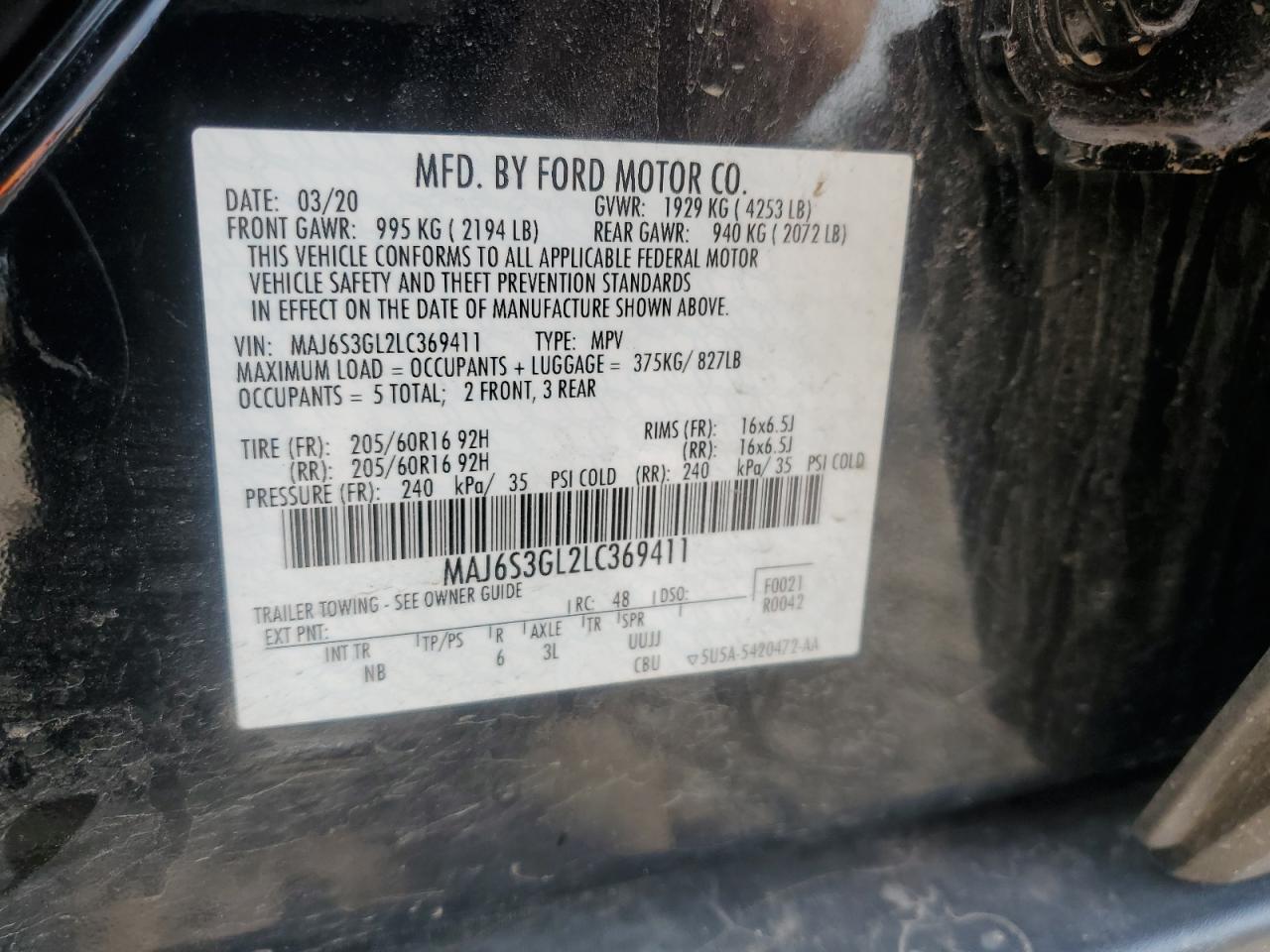 2020 Ford Ecosport Se VIN: MAJ6S3GL2LC369411 Lot: 63452325