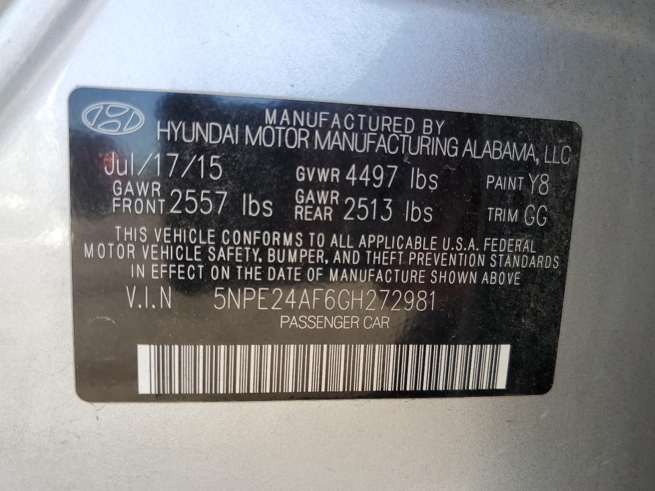 2016 Hyundai Sonata Se VIN: 5NPE24AF6GH272981 Lot: 63310145