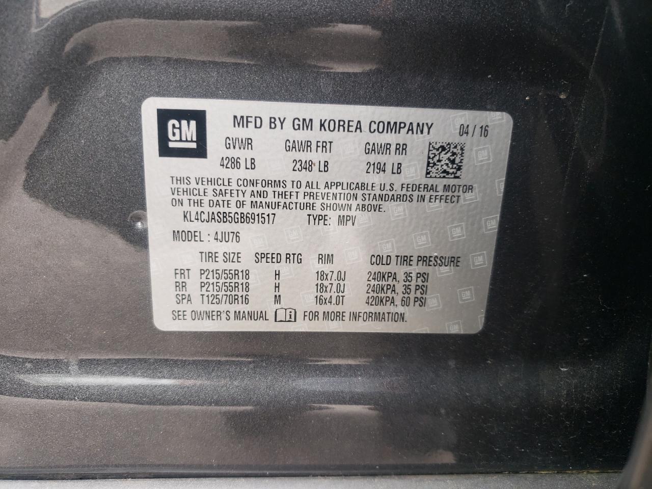 2016 Buick Encore VIN: KL4CJASB5GB691517 Lot: 64204995