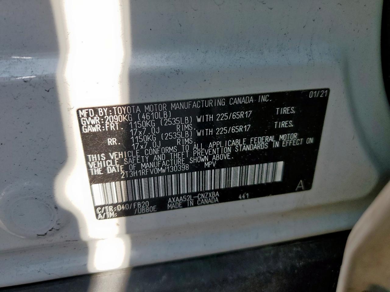 2021 Toyota Rav4 Le VIN: 2T3H1RFV0MW130398 Lot: 64019585