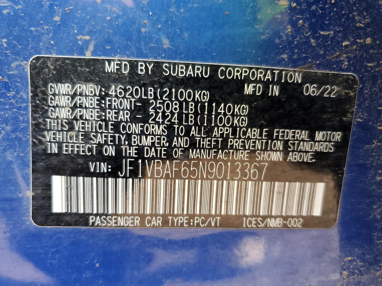2022 Subaru Wrx Premium VIN: JF1VBAF65N9013367 Lot: 65460135