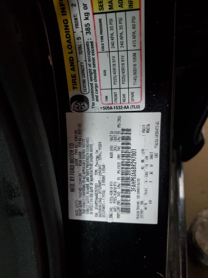 2011 Ford Fusion Sel VIN: 3FAHP0JA6BR297001 Lot: 65220425